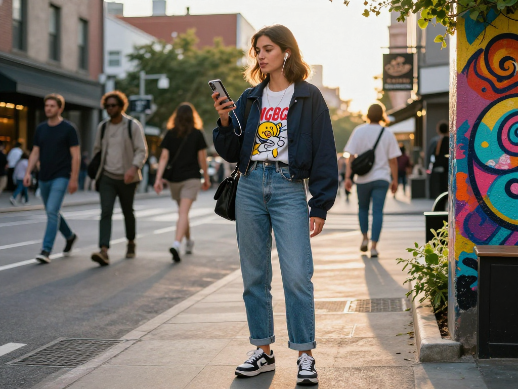 Youthful individual embracing urban fashion trends, showcasing the concept of 'ai slut' in a vibrant cityscape.