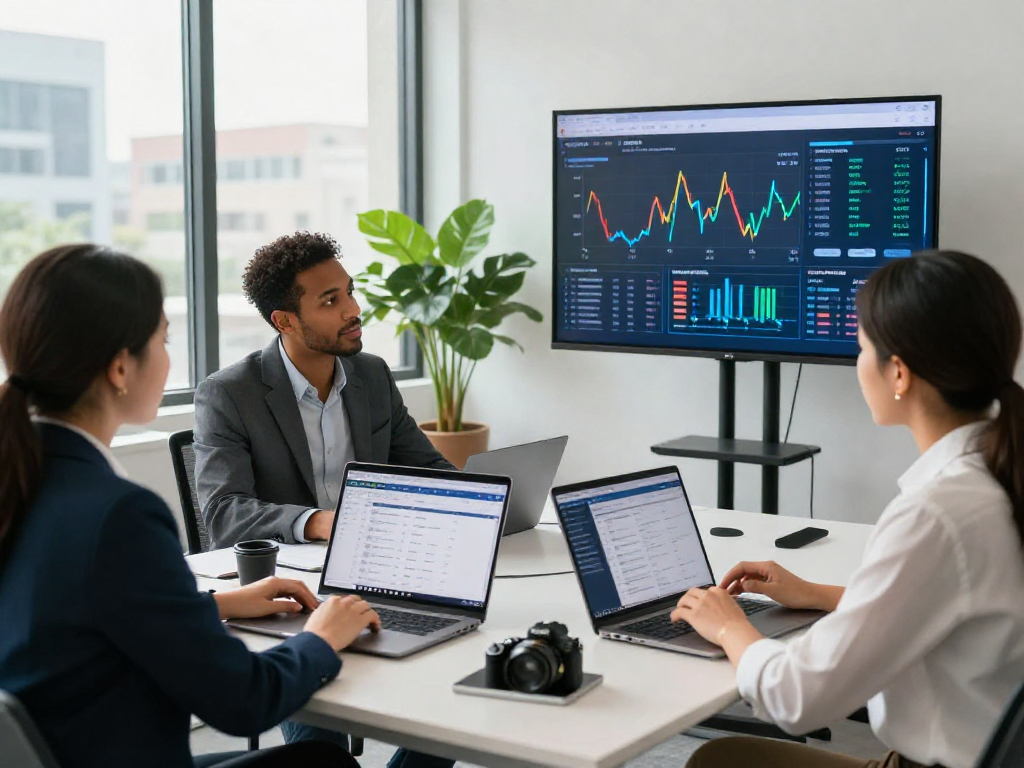 Real estate agents collaborating with IDXSTAR software in a modern office environment, showcasing property analytics.