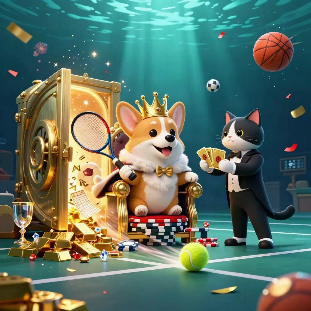 Royal corgi and cat butler amid gold vault, tennis ball, chips, and neon casino effects.