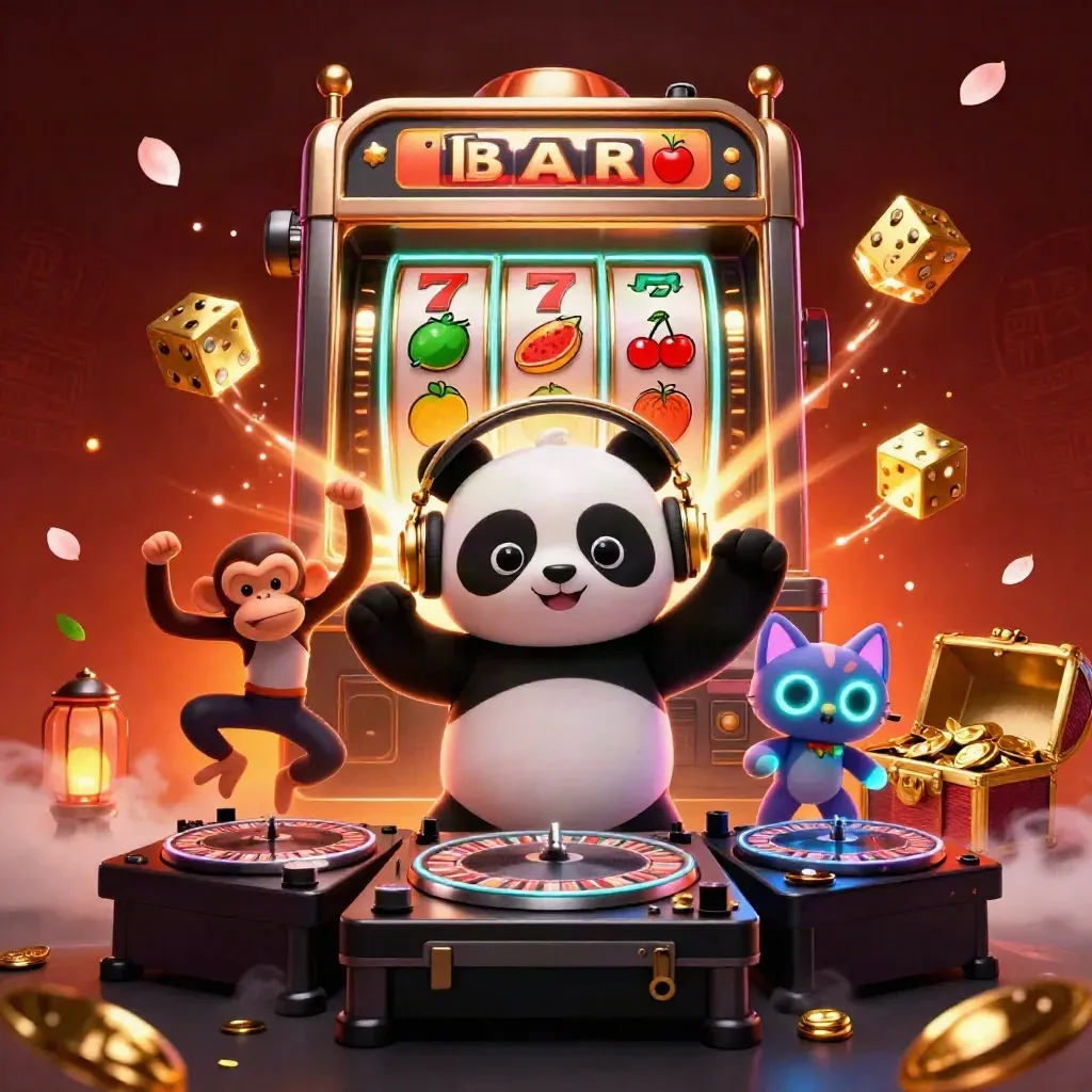 DJ panda, dancing monkey and glow-stick kitten with slot bursts, gold, petals, and treasure