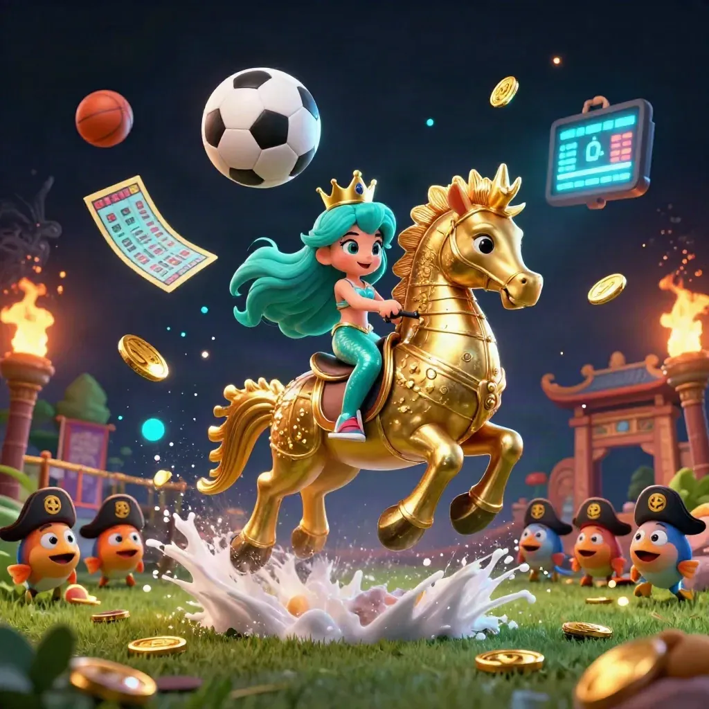 Mermaid princess on a golden seahorse amid soccer ball spray, coins, and neon casino light