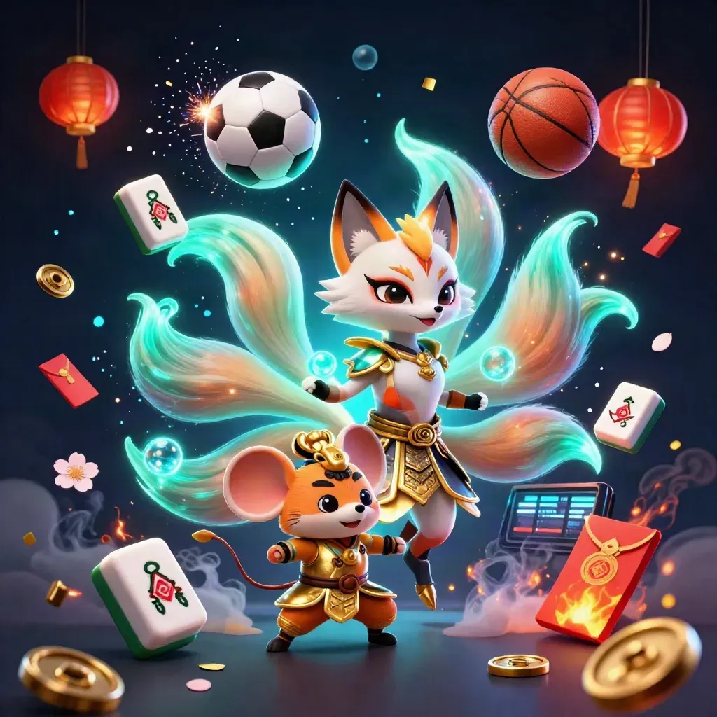 Neon fox spirit and samurai mouse amid casino symbols, sports balls, and glowing effects.