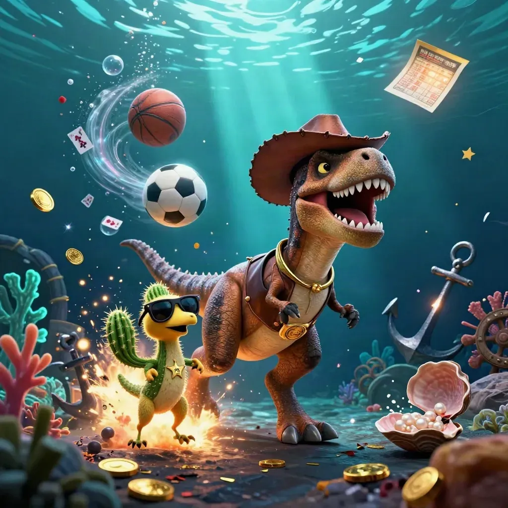 Cowboy T-Rex, cactus and roadrunner blast coins and sports balls through an underwater cove.