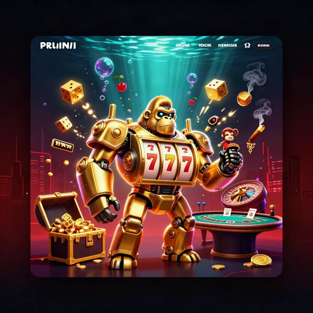 Golden gorilla mech with tiny pilot amid casino symbols, slot burst, chandelier glow.