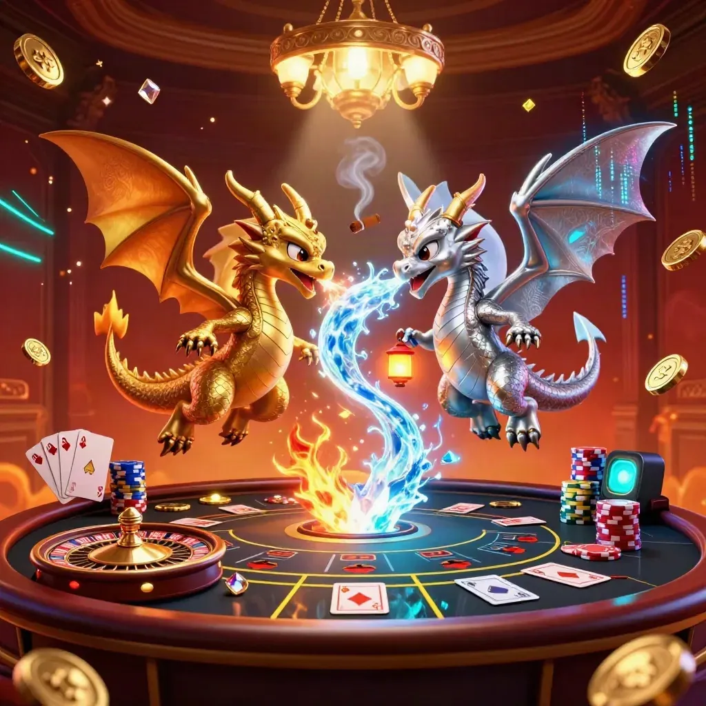 Twin gold and silver dragons spiral through a luxe casino glow with coins, cards, chips, and sparks.
