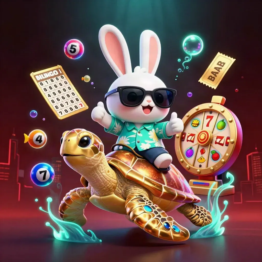 Rabbit riding a gem turtle as casino loot bursts around them under red neon skyline.