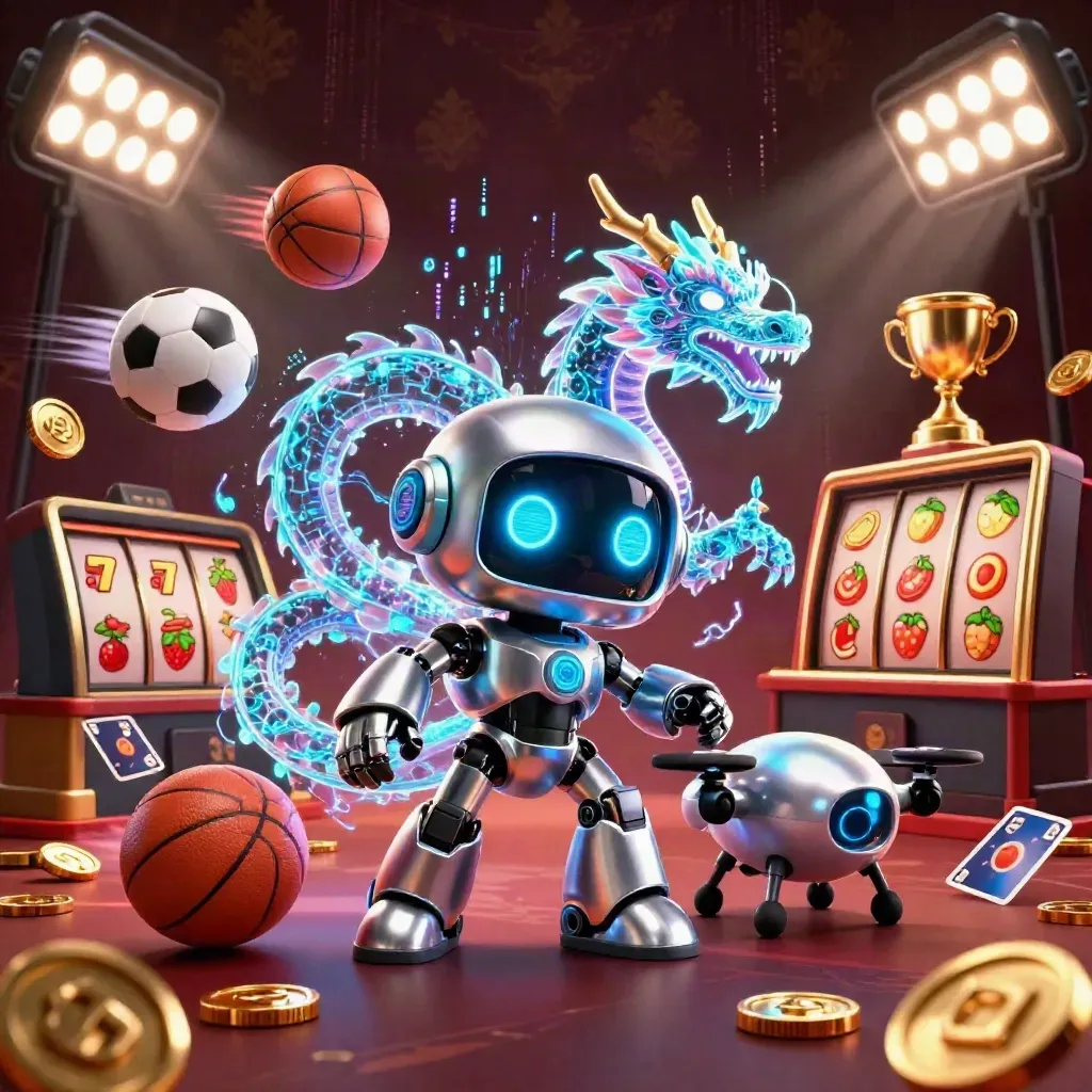 Chrome robot, holographic dragon and coin drone amid casino treasure and teal energy bursts.