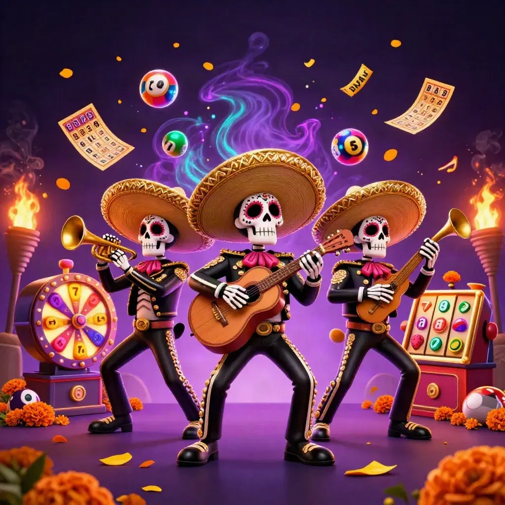 Day-of-the-Dead mariachi skeleton trio amid coins, reels, fireworks and casino loot.