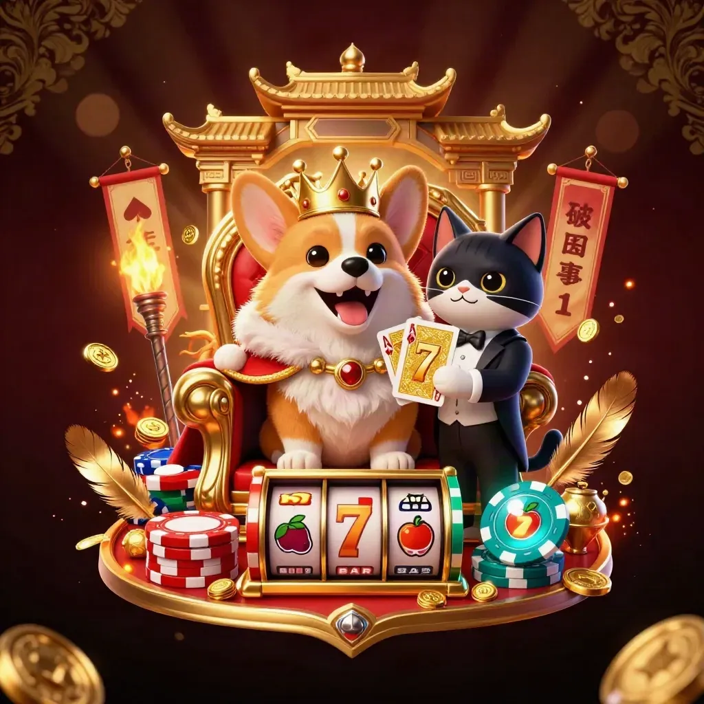 Royal corgi and cat butler amid casino chips, reels, coins, temple gate, and gold light.
