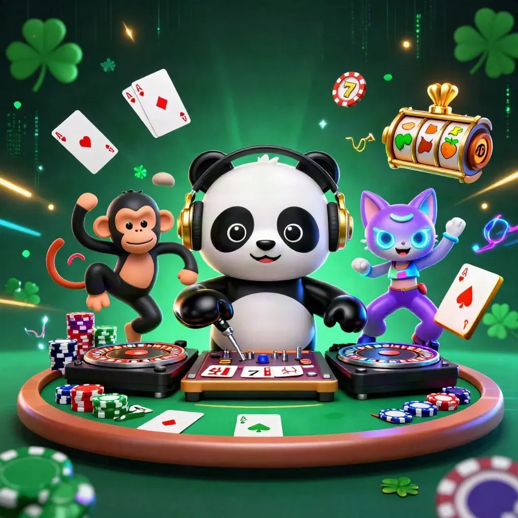 DJ panda, breakdancing monkey and glow-stick kitten amid casino cards, chips, reels and neon effects