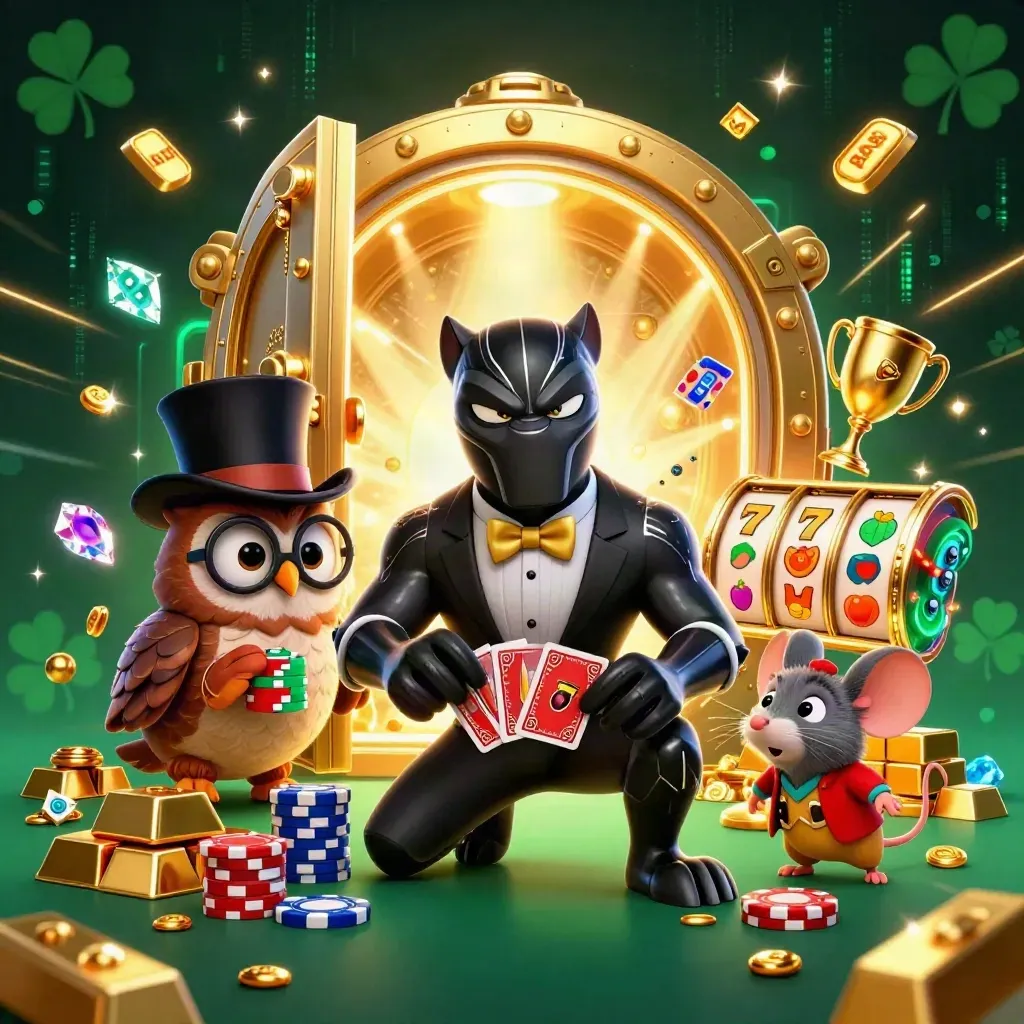 Panther, owl and mouse raid a glowing vault amid slot reels and gold in a dark emerald casino scene.