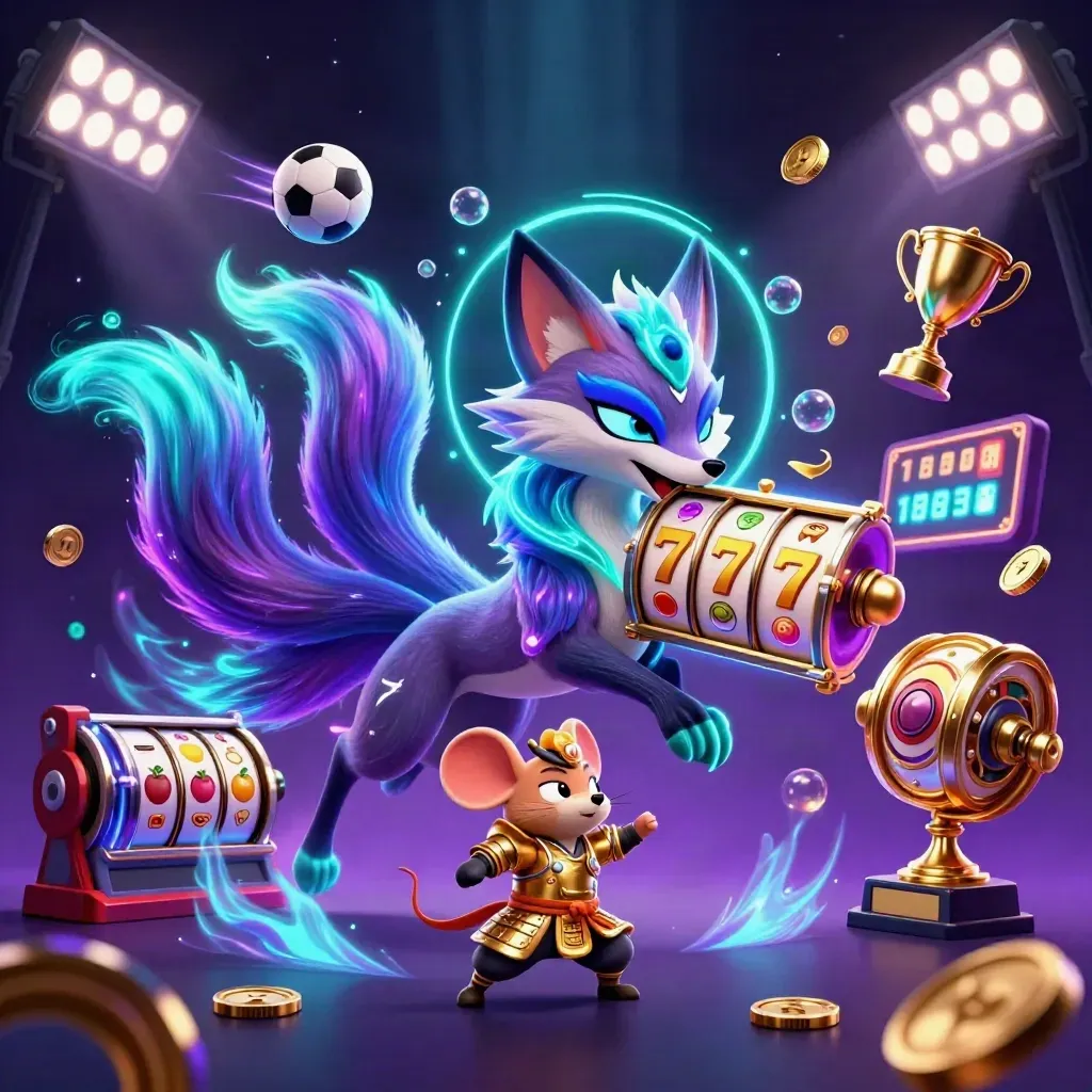 Neon fox spirit and samurai mouse amid slot reels, coins, sports balls and purple-cyan glow